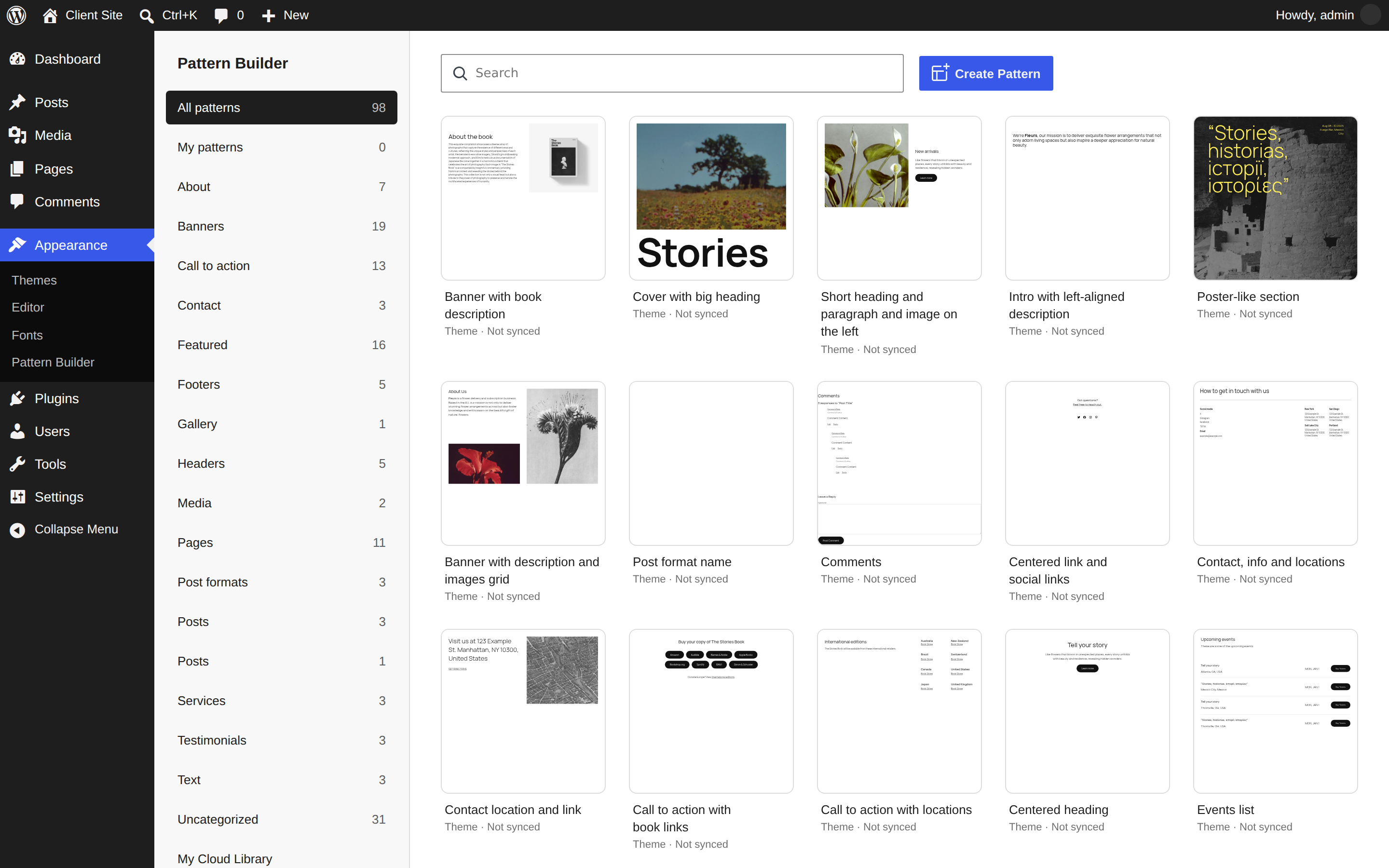 The Pattern Builder browse screen listing theme and user patterns with live previews