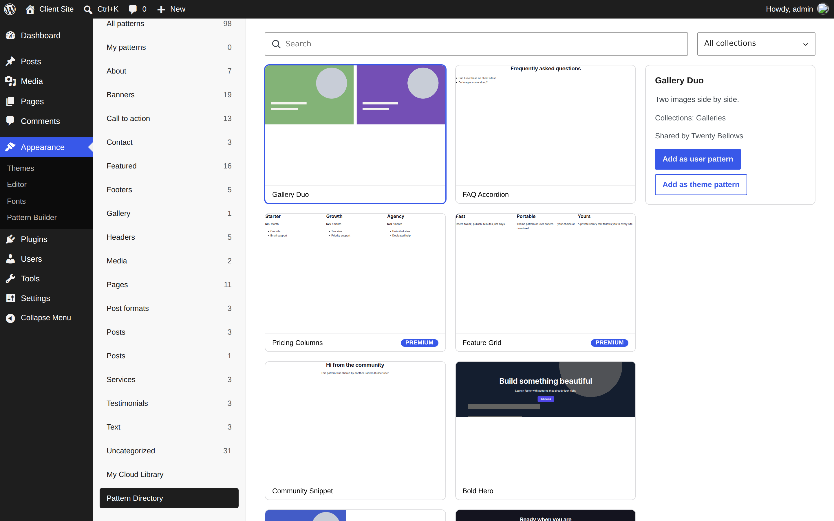 The public directory browsed inside wp-admin with premium badges and download actions