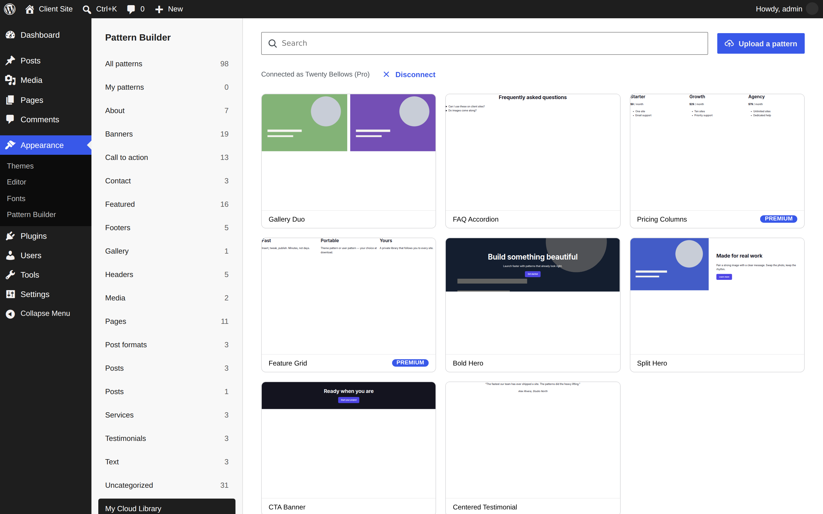 Pattern Builder's cloud library inside wp-admin, showing pattern cards with live previews
